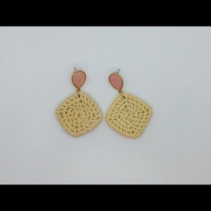 Dangly Pink Pearlescent and Woven Straw Earrings